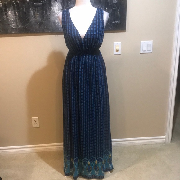 Mossimo Navy Blue/Turquoise/Gold Sleeveless V-Neck Elastic Waist Maxi Dress-M - Picture 1 of 13